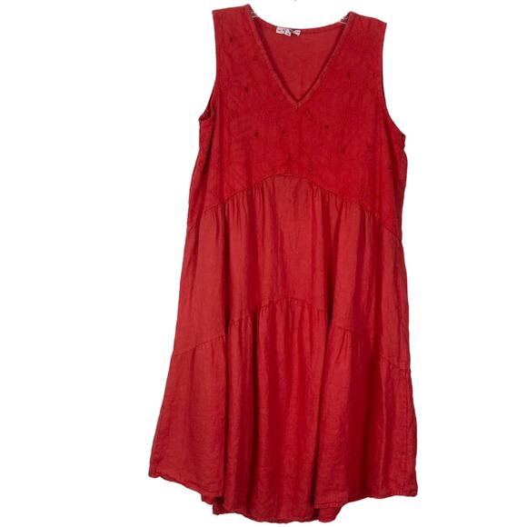NWOT ROSEMARIE Dress M Italy Linen A Line Floral Embroidery Eyelet Red Tiered